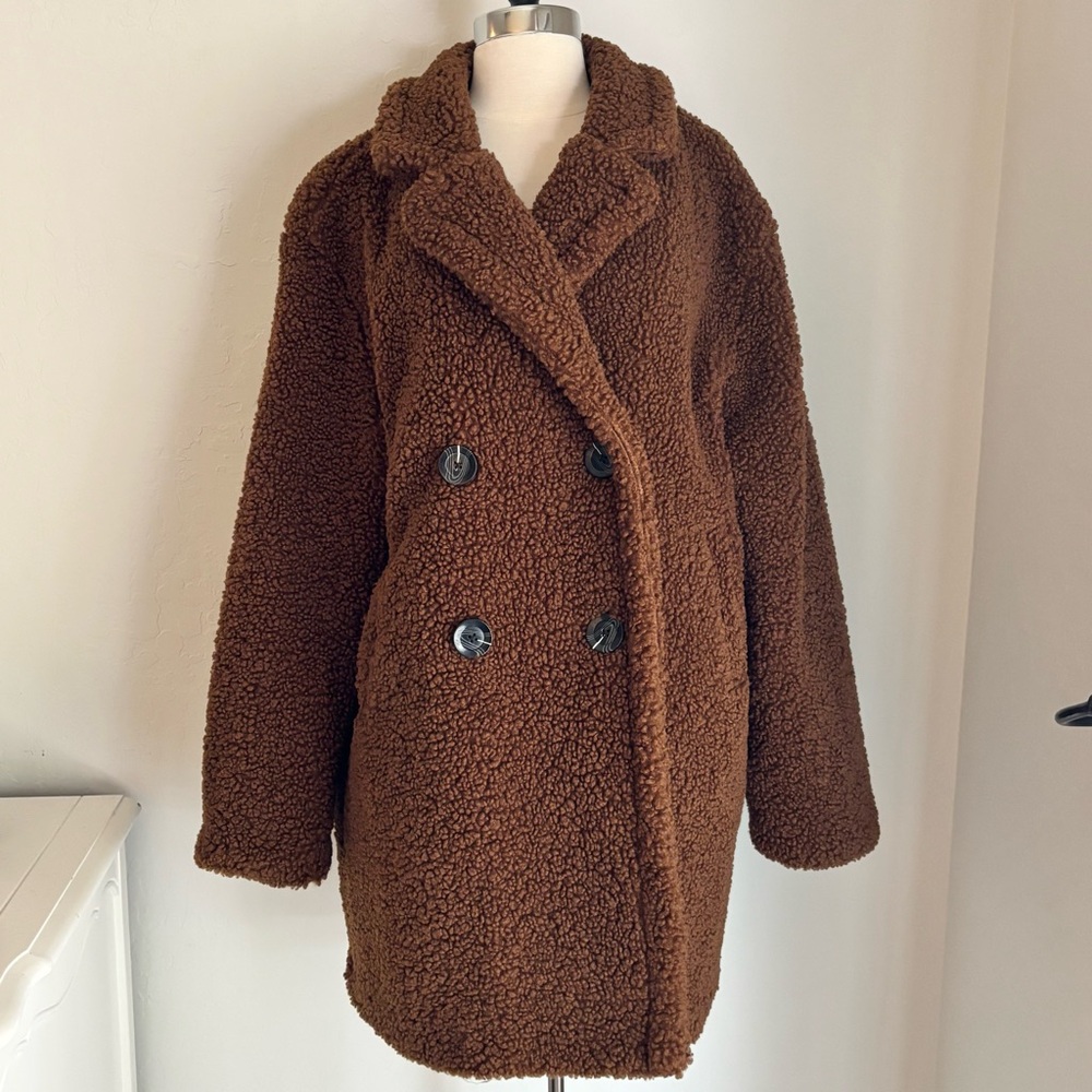 A New Day Teddy Fleece Sherpa Coat Brown Double Breasted, Size L